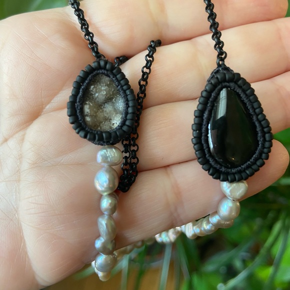 Jacki Holland - Black Tourmaline w/ Raw Amethyst + Grey Keishi Pearls Necklace